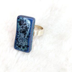 Vintage Raku Glazed Ceramic Ring, Blue & Black on Gold Band